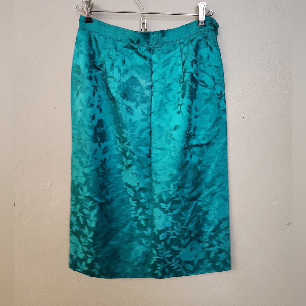 Vintage 1950's 1960's Turquoise Rose Jacquard Satin Pencil Skirt